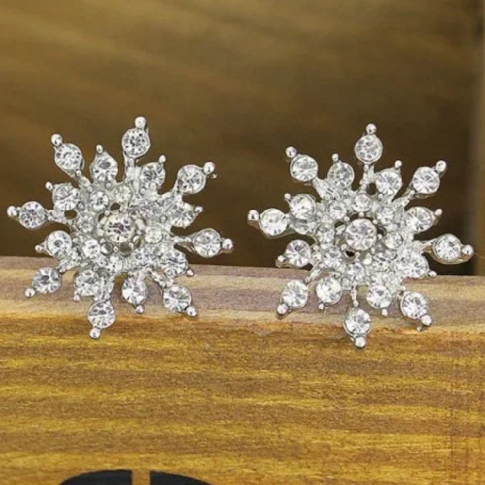 Snowflake Earrings Merry Christmas Winter Snow Silver Rhinestone